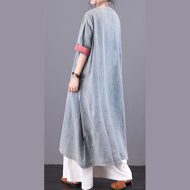 Elegant blue linen dresses o neck patchwork Plus Size summer Dresses - Omychic