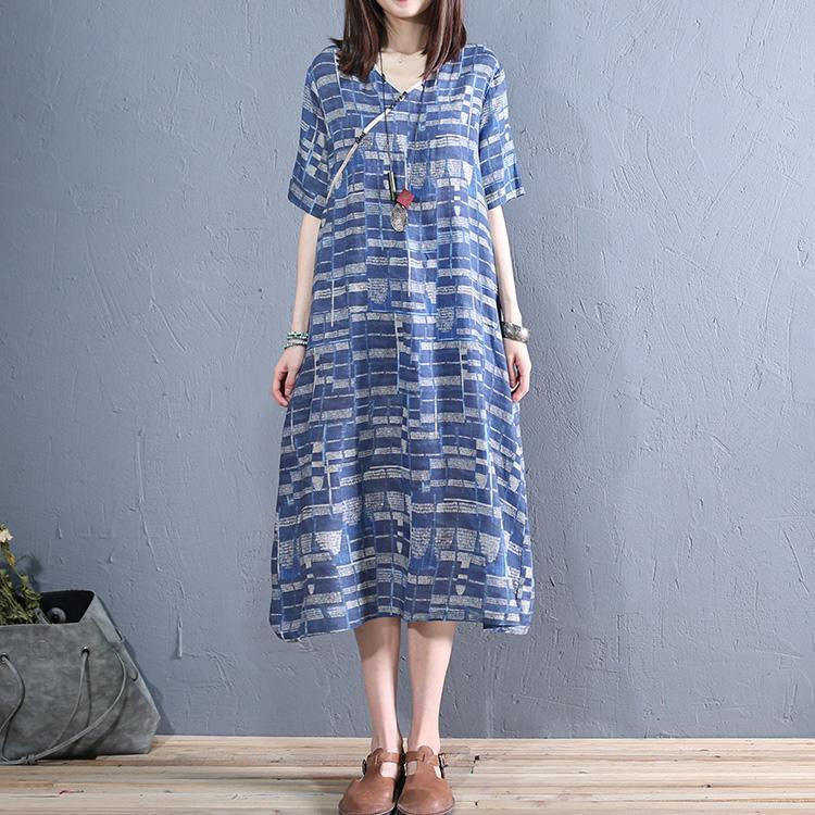 Elegant blue plaid linen clothes v neck linen robes short sleeve summer Dress - Omychic