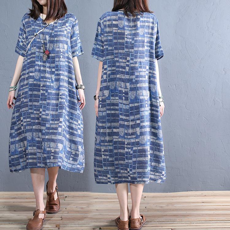 Elegant blue plaid linen clothes v neck linen robes short sleeve summer Dress - Omychic