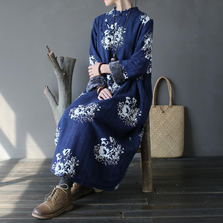 Elegant blue print cotton dress 18th Century Shape Kaftan stand collar thick Dresses - Omychic