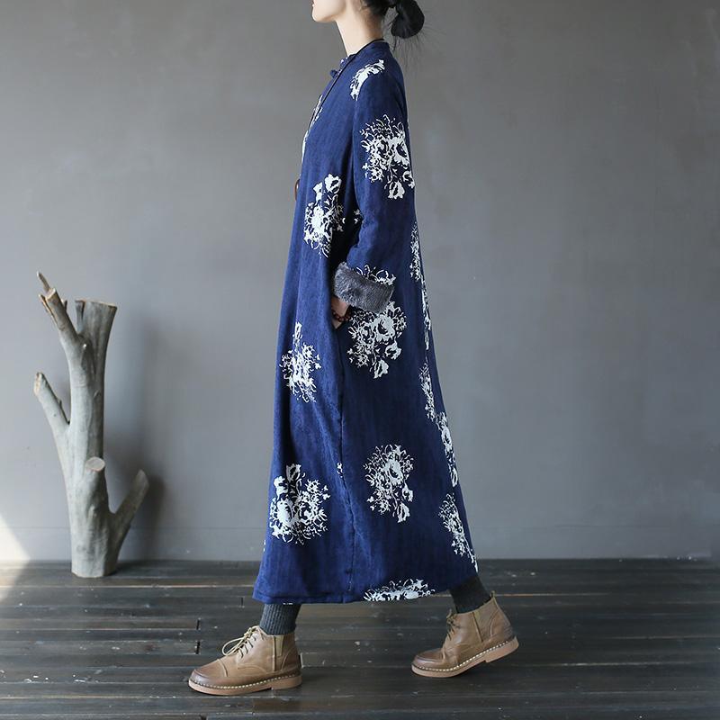 Elegant blue print cotton dress 18th Century Shape Kaftan stand collar thick Dresses - Omychic