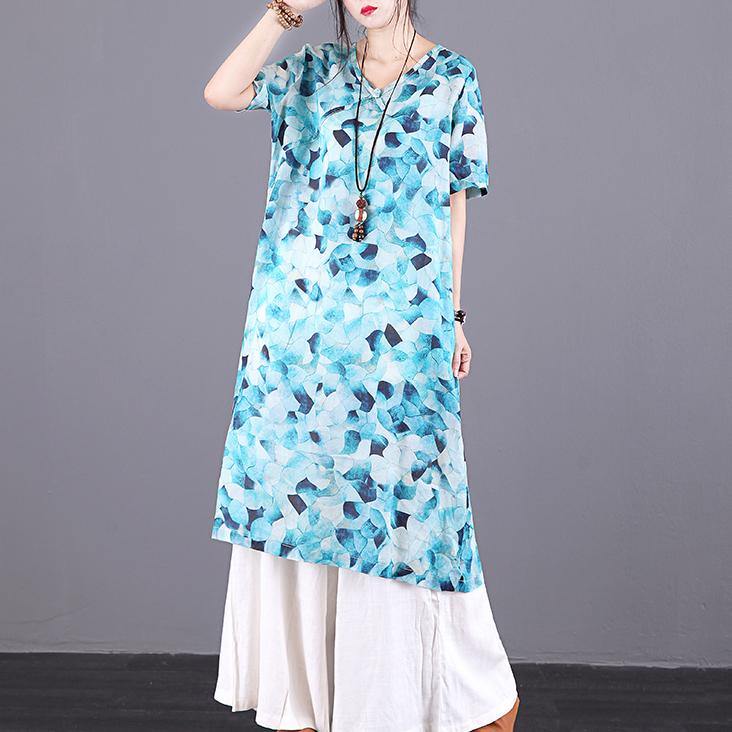 Elegant blue print linen clothes v neck pockets daily summer Dresses - Omychic