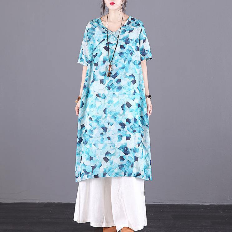 Elegant blue print linen clothes v neck pockets daily summer Dresses - Omychic
