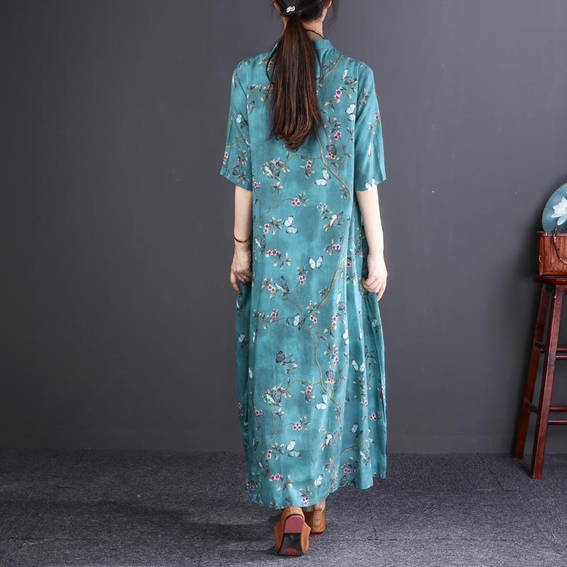 Elegant blue print long cotton linen dresses Loose fitting O neck top quality half sleeve baggy dresses - Omychic