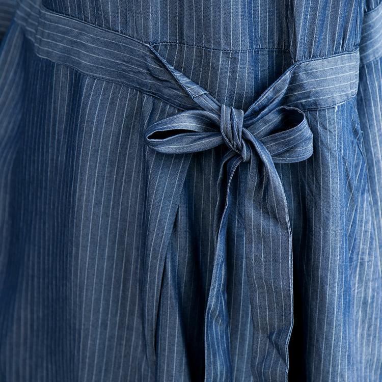 Elegant blue striped 2018 fall dress plus size O neck pockets linen clothing dress Fine long sleeve tie waist autumn dress - Omychic