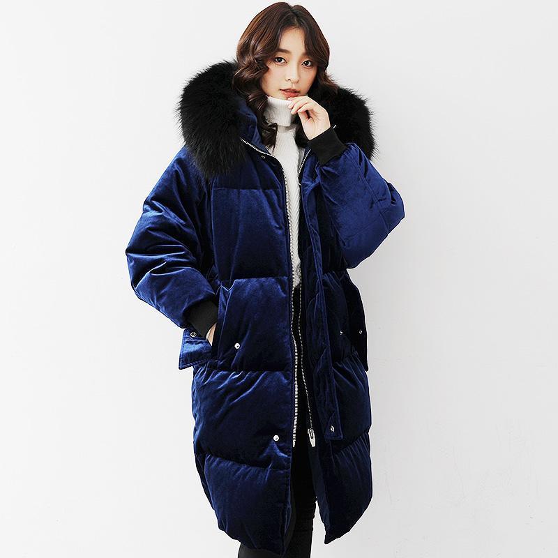 Elegant blue warm winter coat plus size clothing fur collar down jacket hooded winter outwear - Omychic