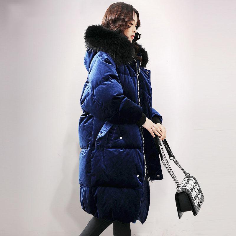 Elegant blue warm winter coat plus size clothing fur collar down jacket hooded winter outwear - Omychic