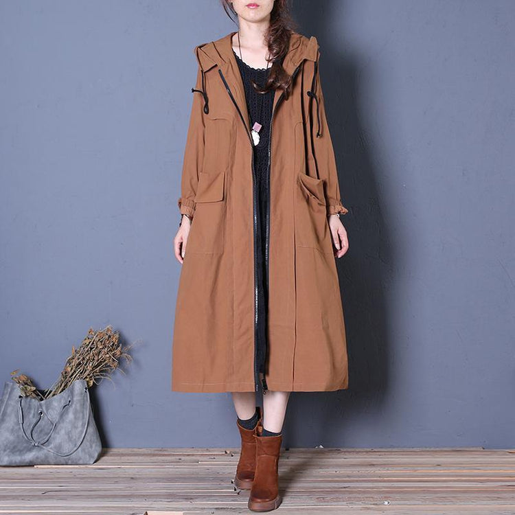 Elegant brown coats plus size long fall coat hooded drawstring - Omychic