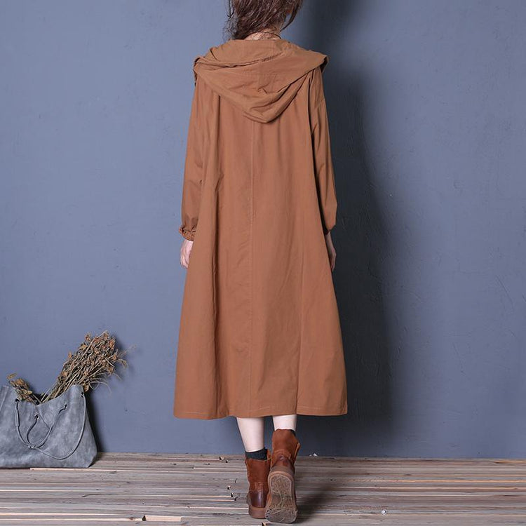 Elegant brown coats plus size long fall coat hooded drawstring - Omychic