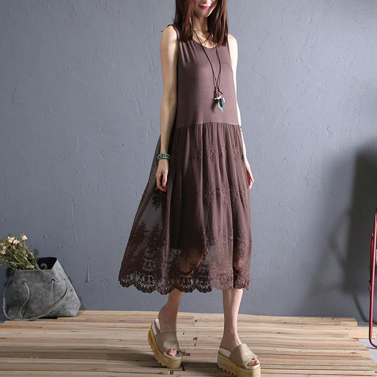 Elegant brown cotton clothes o neck sleeveless patchwork lace long summer Dresses - Omychic