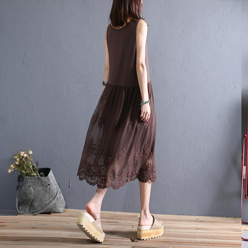 Elegant brown cotton clothes o neck sleeveless patchwork lace long summer Dresses - Omychic