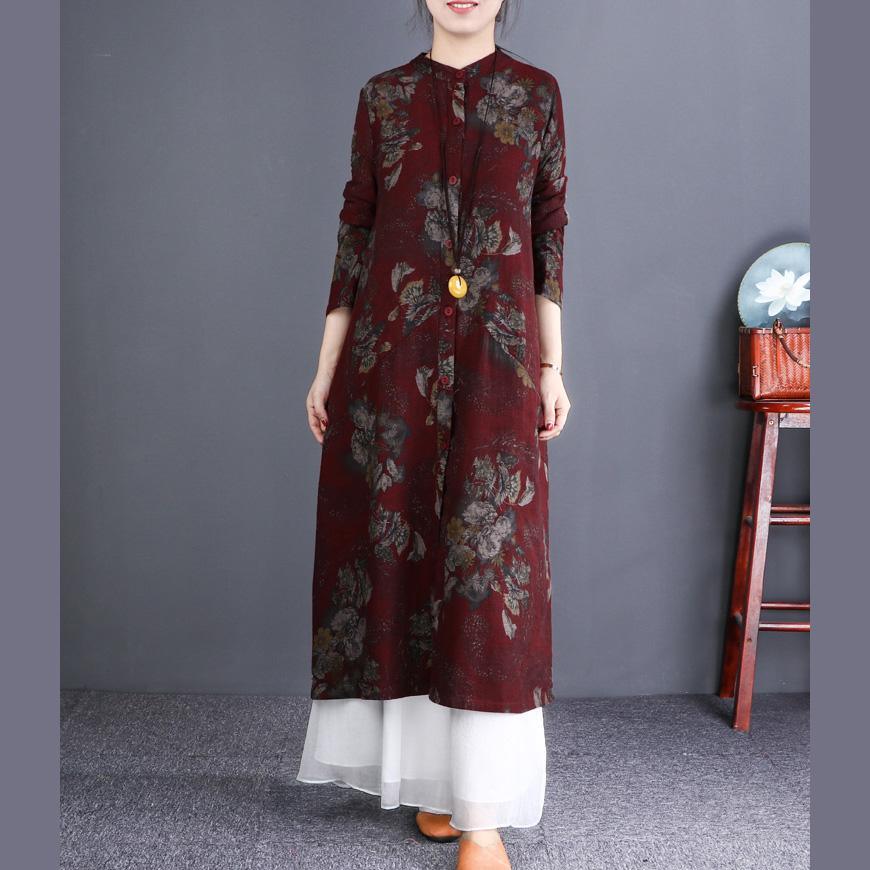 Elegant burgundy print coat trendy plus size coats stand collar - Omychic