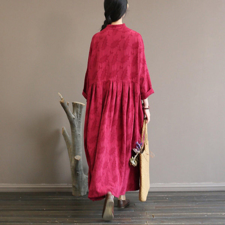 Elegant burgundy wool coat for woman plus size clothing long stand collar patchwork outwear - Omychic