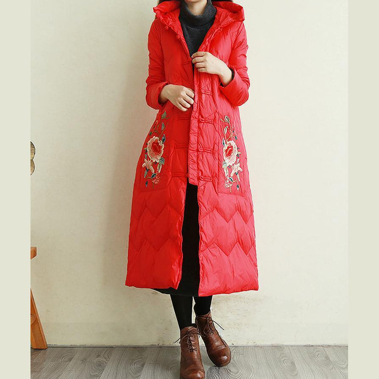 Elegant casual down jacket coats red embroidery Chinese Button hooded duck down coat - Omychic