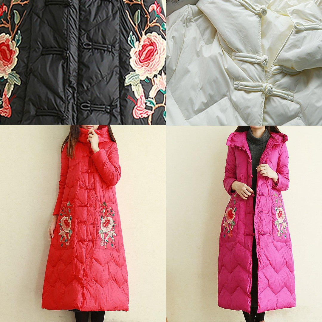 Elegant casual down jacket coats red embroidery Chinese Button hooded duck down coat - Omychic