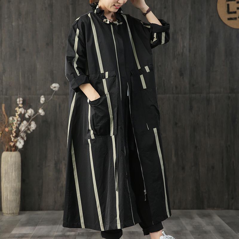 Elegant casual long coats fall black striped zippered pockets outwear - Omychic