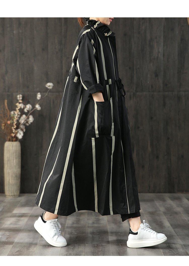 Elegant casual long coats fall black striped zippered pockets outwear - Omychic