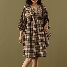 Elegant chocolate Plaid cotton linen clothes Women v neck pockets short summer Dress - Omychic