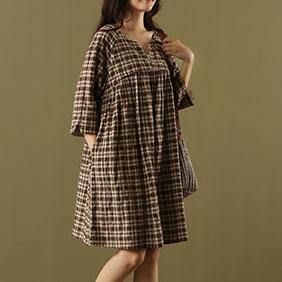 Elegant chocolate Plaid cotton linen clothes Women v neck pockets short summer Dress - Omychic
