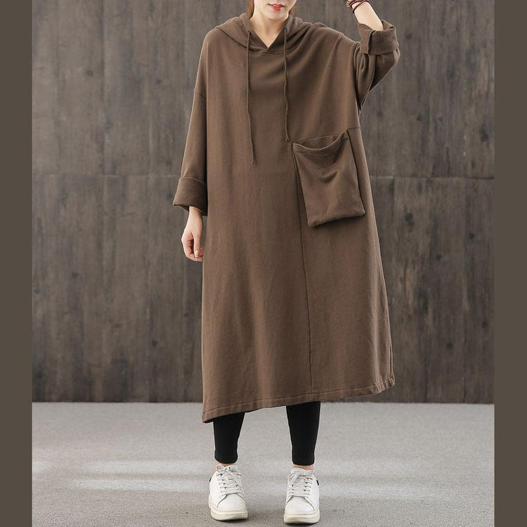 Elegant chocolate clothes Women hooded pockets Plus Size fall Dress - Omychic
