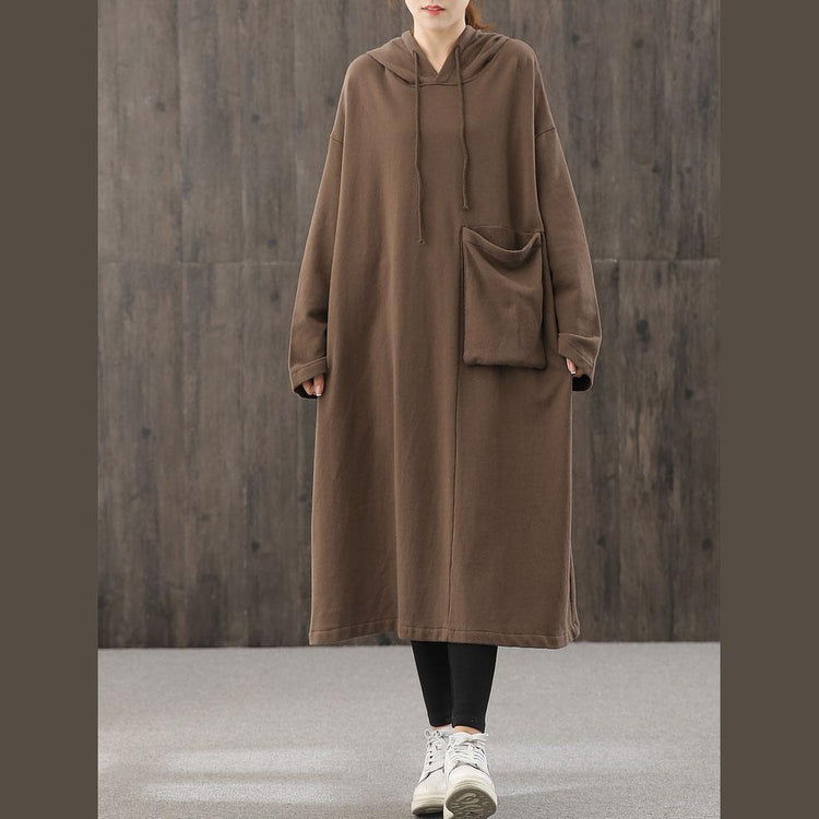 Elegant chocolate clothes Women hooded pockets Plus Size fall Dress - Omychic