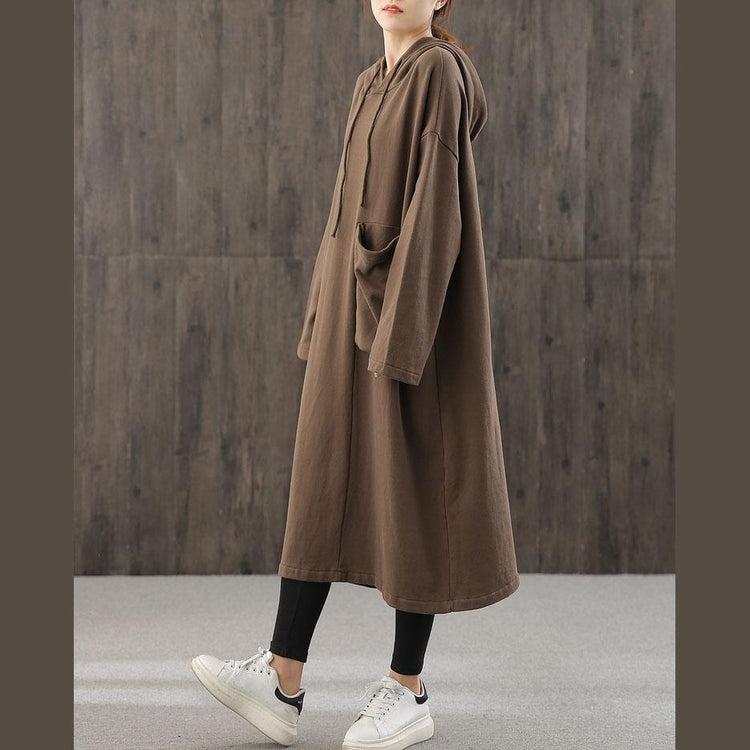 Elegant chocolate clothes Women hooded pockets Plus Size fall Dress - Omychic