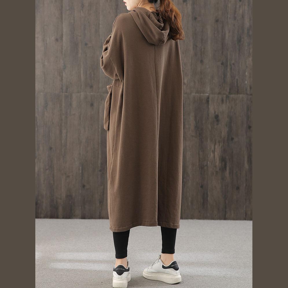 Elegant chocolate clothes Women hooded pockets Plus Size fall Dress - Omychic