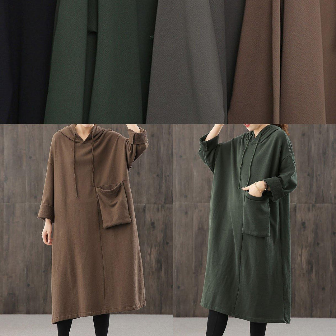 Elegant chocolate clothes Women hooded pockets Plus Size fall Dress - Omychic