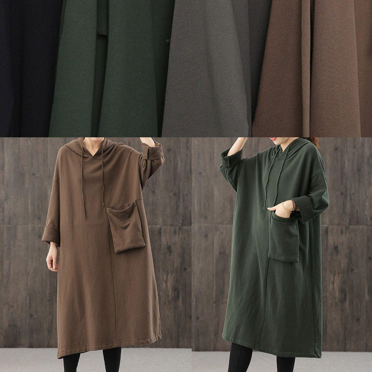 Elegant chocolate clothes Women hooded pockets Plus Size fall Dress - Omychic