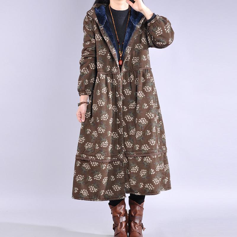 Elegant chocolate print coat trendy plus size warm hooded Button winter coats - Omychic