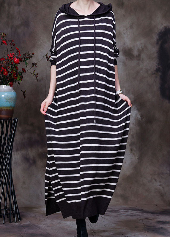 Elegant coffee drawstring Hooded Striped Knit Long Dresses Spring