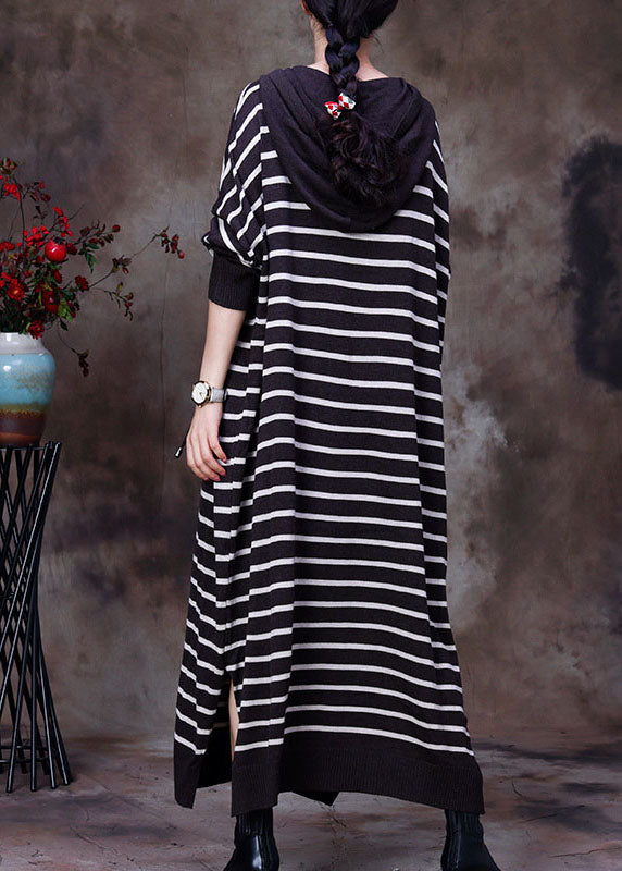Elegant coffee drawstring Hooded Striped Knit Long Dresses Spring