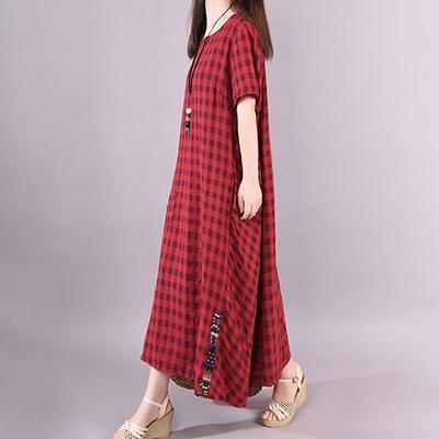 Elegant cotton Long Shirts Metropolitan Museum Summer Loose Vintage Plaid Pullover Dress - Omychic