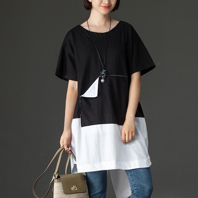 Elegant cotton blended blouse casual Black Casual Summer High-low Hem Short Sleeve Women Shirts - Omychic