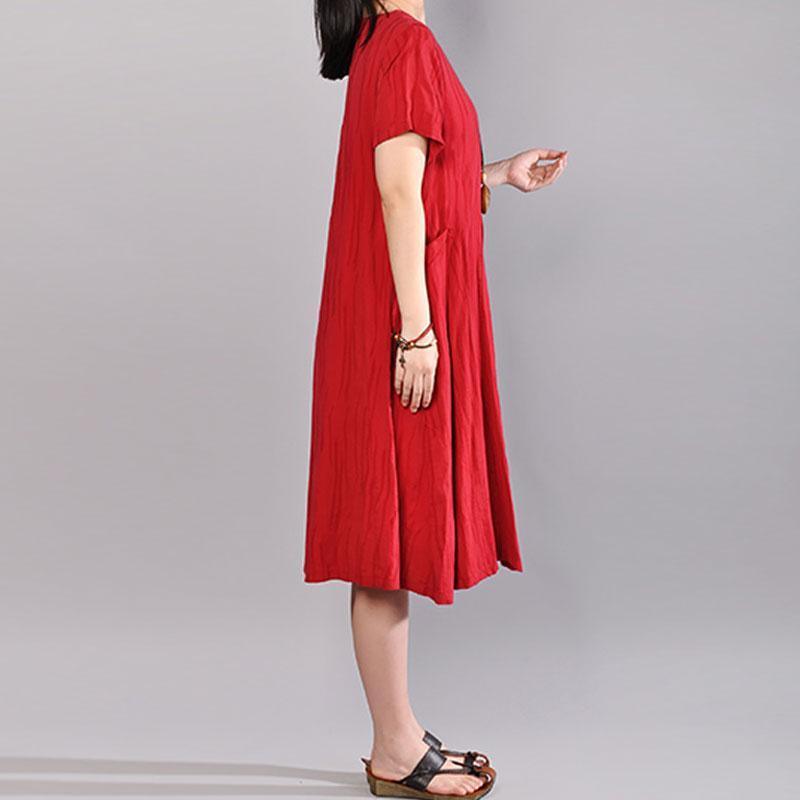 Elegant cotton caftans oversize Women Summer Casual Short Sleeve Red Dress - Omychic