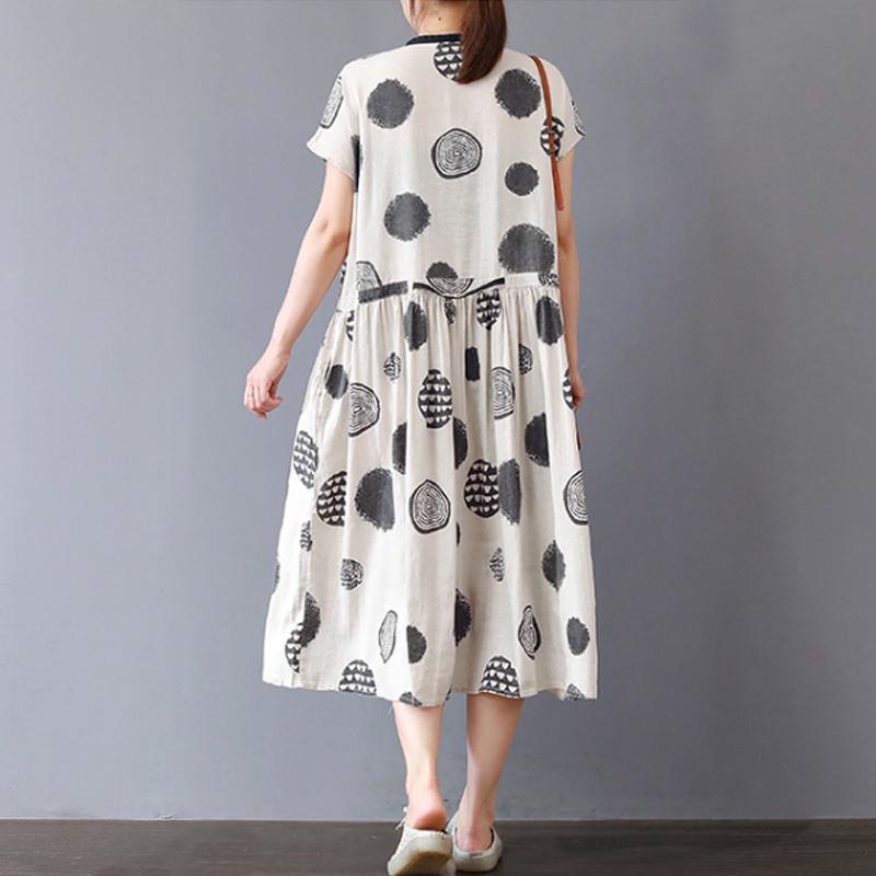 Elegant cotton dress oversize Loose Short Sleeve Black Dots Summer Cotton Dress - Omychic