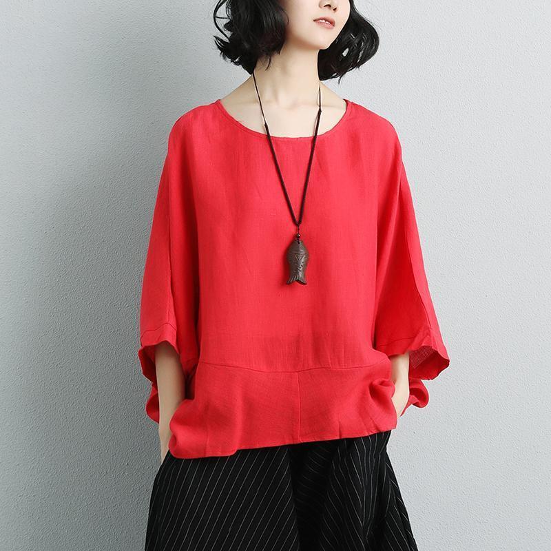 Elegant cotton linen blouse Loose fitting Women Long Sleeve Red Casual Summer Blouse - Omychic