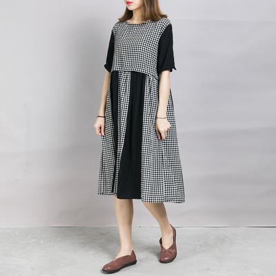Elegant cotton linen clothes boutique Summer Simple Plaid Spliced Comfortable Dress - Omychic