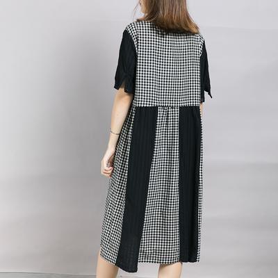 Elegant cotton linen clothes boutique Summer Simple Plaid Spliced Comfortable Dress - Omychic