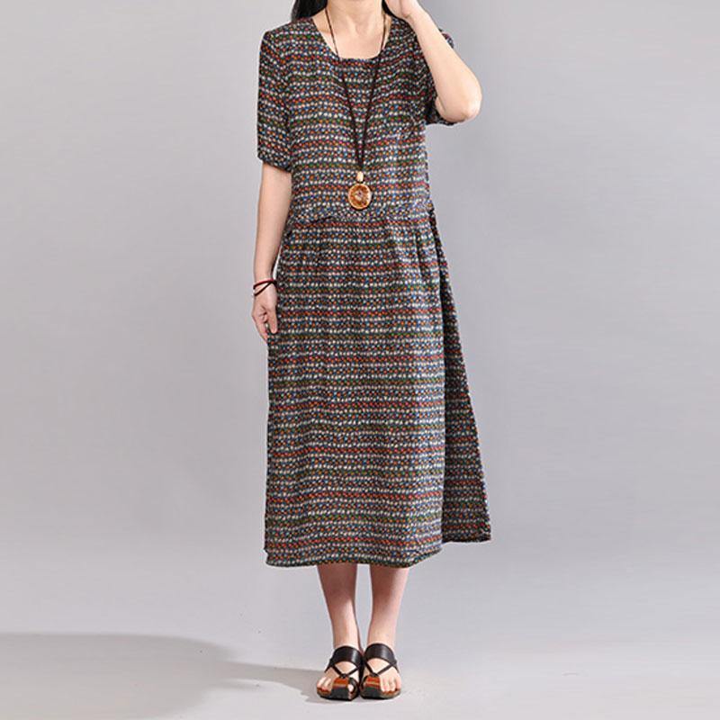 Elegant cotton maxi dress Loose fitting Women Retro Printed Short Sleeve Cotton Pullover Dress - Omychic