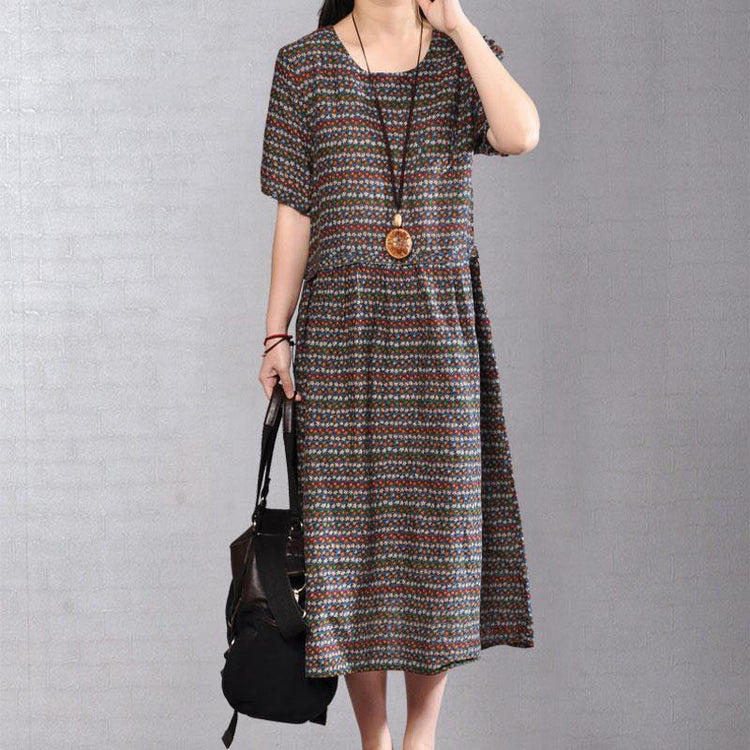 Elegant cotton maxi dress Loose fitting Women Retro Printed Short Sleeve Cotton Pullover Dress - Omychic