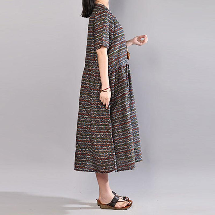 Elegant cotton maxi dress Loose fitting Women Retro Printed Short Sleeve Cotton Pullover Dress - Omychic