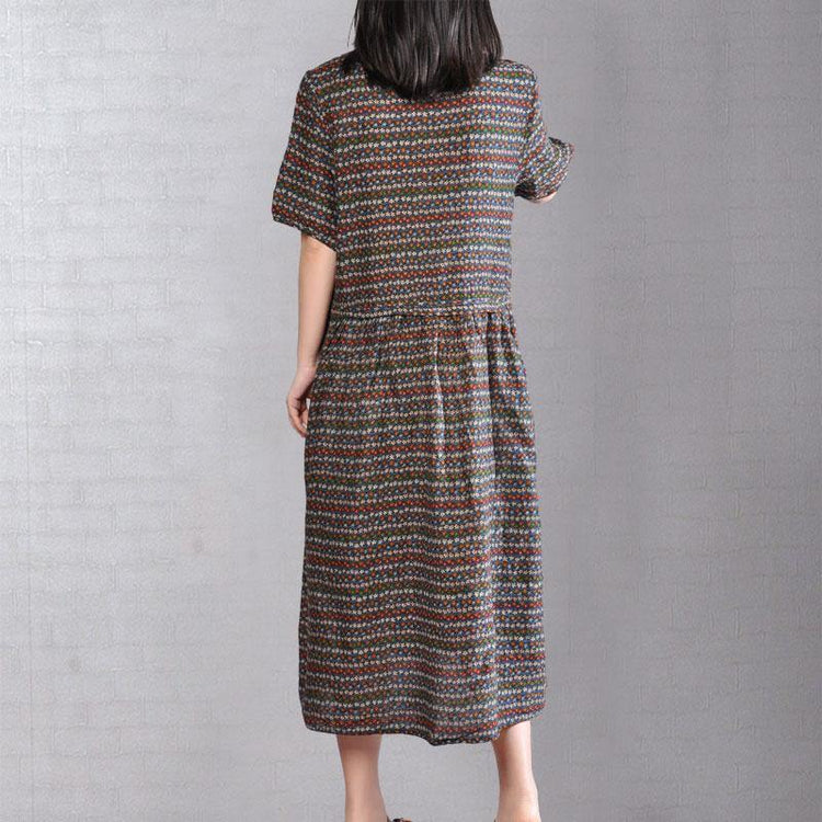 Elegant cotton maxi dress Loose fitting Women Retro Printed Short Sleeve Cotton Pullover Dress - Omychic