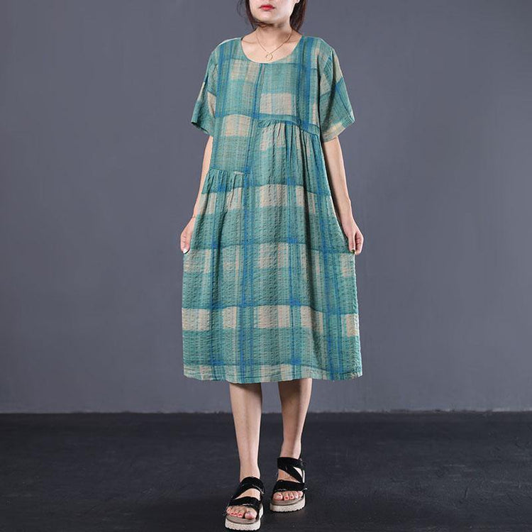 Elegant cotton outfit plus size Short Sleeve Plaid Color Matching Loose Dress - Omychic