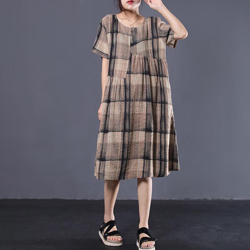 Elegant cotton outfit plus size Short Sleeve Plaid Color Matching Loose Dress - Omychic