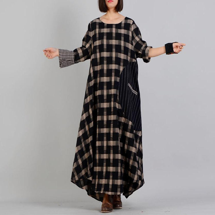 Elegant cotton quilting clothes 2019 patchwork Work black Plaid Plus Size o neck Clothing Dress - Omychic