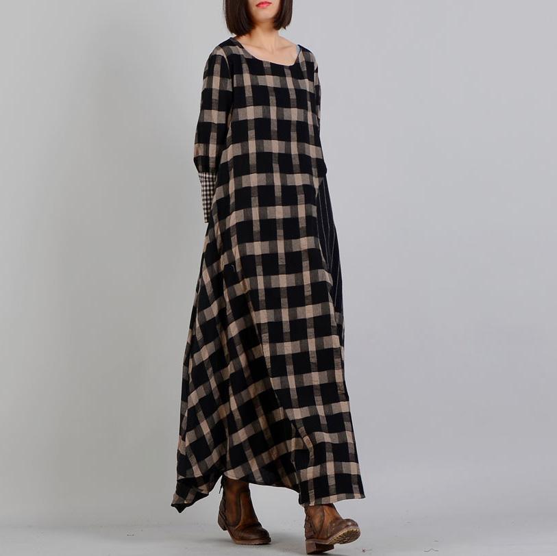 Elegant cotton quilting clothes 2019 patchwork Work black Plaid Plus Size o neck Clothing Dress - Omychic