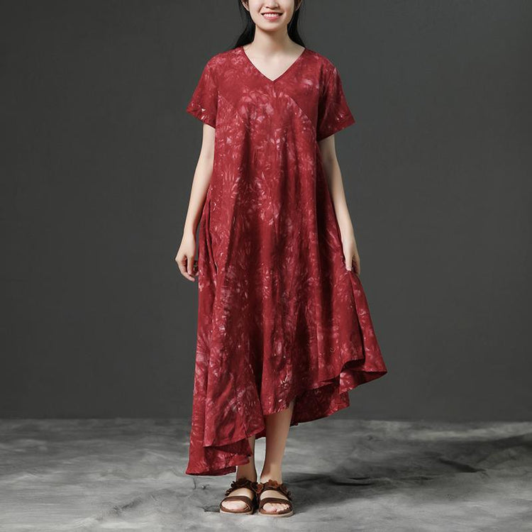 Elegant cotton summer dress plus size Irregular V neck Red Short Sleeve Cotton Dress - Omychic