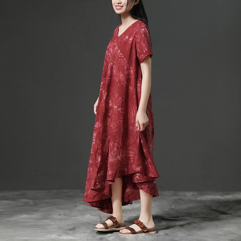 Elegant cotton summer dress plus size Irregular V neck Red Short Sleeve Cotton Dress - Omychic