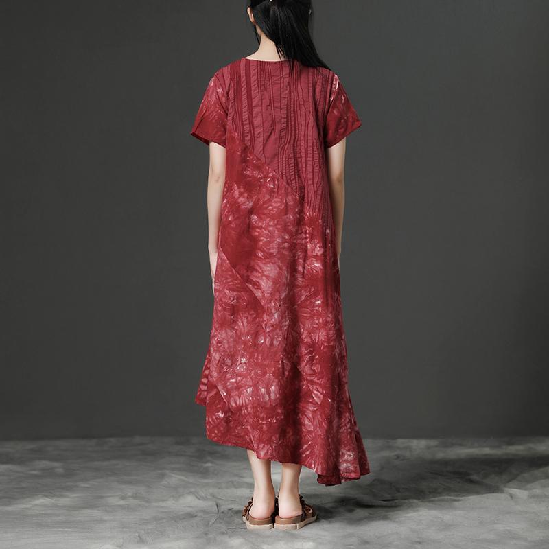 Elegant cotton summer dress plus size Irregular V neck Red Short Sleeve Cotton Dress - Omychic